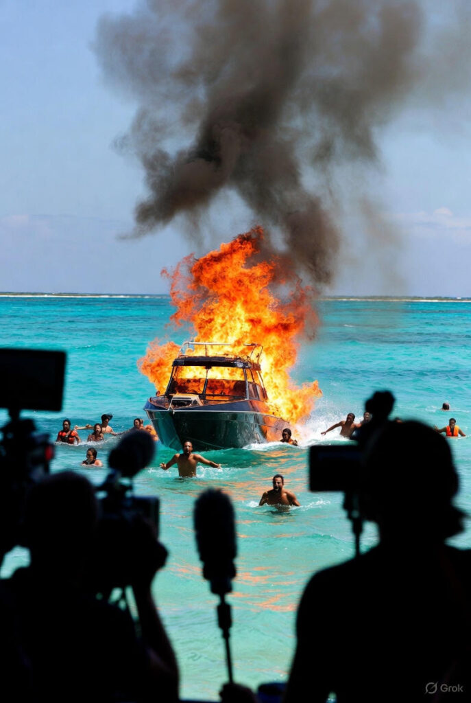 A cartel speedboat erupts in flames in crystal-clear Caribbean waters after a U.S. strike, survivors swimming for their lives, while silhouetted mainstream media cameramen and reporters film the chaos — provocative section image for “The ‘Double Tap’: Cartel Killers Meet Their End” on Glowie Rag.