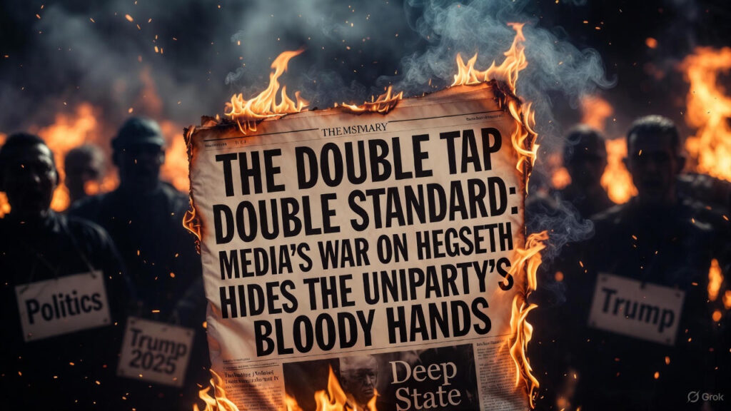 A burning newspaper with the headline “THE DOUBLE TAP DOUBLE STANDARD: MEDIA’S WAR ON HEGSETH HIDES THE UNIPARTY’S BLOODY HANDS” engulfed in flames, surrounded by shadowy figures holding “Politics,” “Trump 2025,” and “Deep State” signs – dramatic intro image for Glowie Rag exposé by Animus Fortis Garrison & Matthew Gerard Garrison.