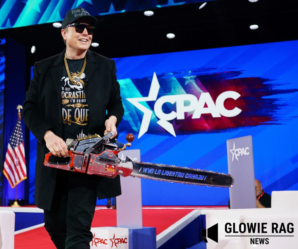 Elon Musk wielding Javier Milei’s golden chainsaw emblazoned ‘VIVA LA LIBERTAD CARAJO!’ — the perfect symbol of DOGE slashing the uniparty fraud machine