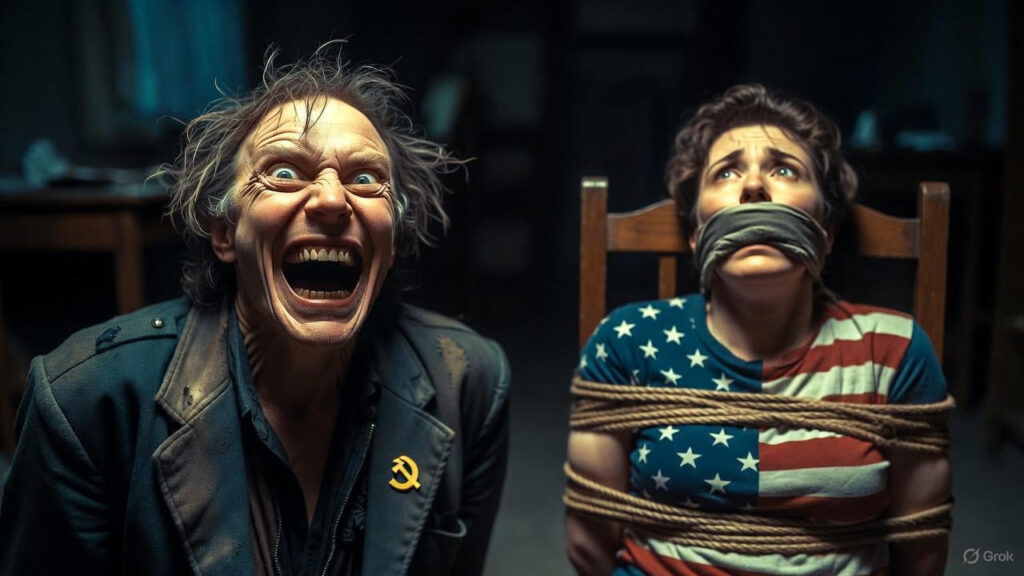 A sinister communist figure with a hammer-and-sickle pin laughing maniacally while an American patriot in a stars-and-stripes shirt is bound and gagged in a dark interrogation room – provocative section image for Glowie Rag article on the EU’s $140M fine against X and weaponized censorship of American free speech.