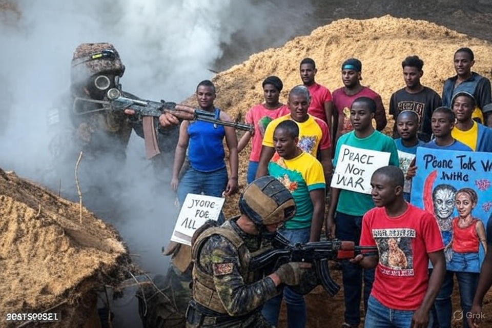 Gritty battlefield scene: heavily-armed Russian soldiers in full combat gear advancing through smoke and trenches while a group of social justice warriors in casual protest clothes holding rainbow flags and signs like “Peace Not War” look terrified and outmatched – provocative section image for Glowie Rag article on why America should pull out of NATO and let Europe face Russia alone.