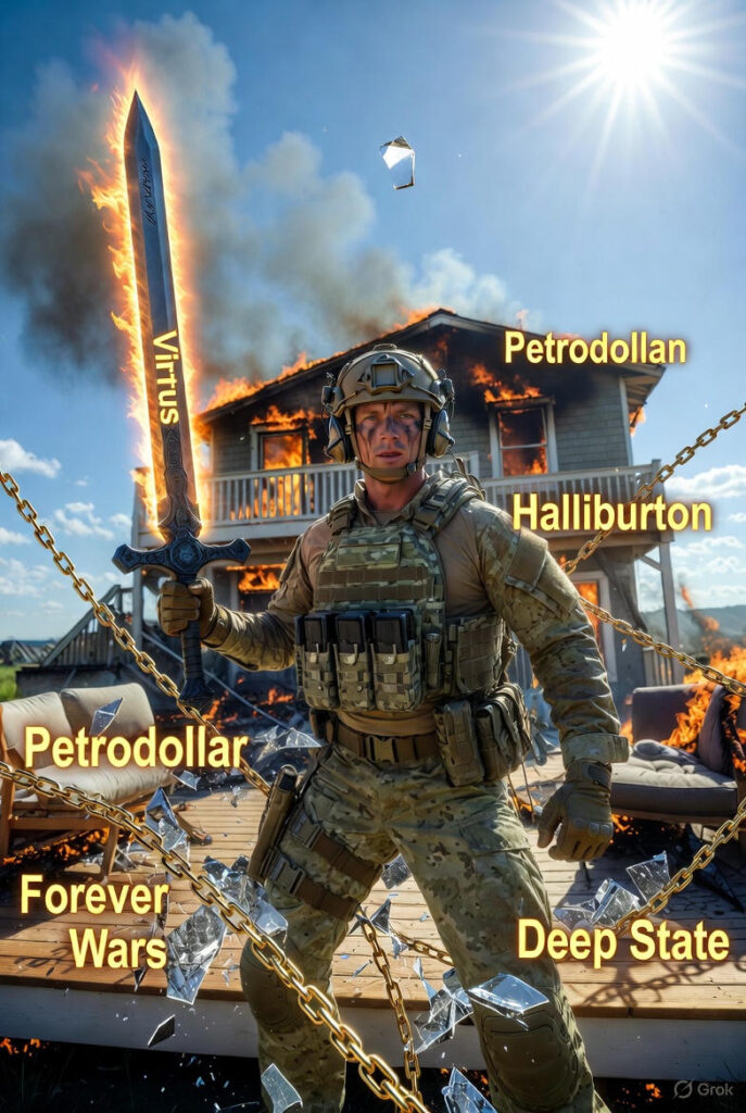 Pete Hegseth in full combat gear wielding a flaming sword engraved “VIRTUS”, shattering golden chains labeled Petrodollar, Halliburton, Forever Wars, and Deep State while the uniparty’s luxury beach house burns to the ground behind him — final section image for Glowie Rag’s “The Reckoning: Hegseth’s Blade vs. the Uniparty’s Chains”.