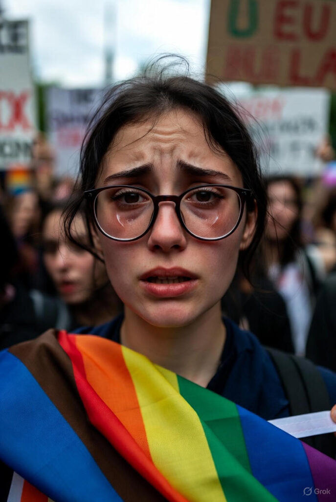 Young woman at a protest wearing glasses, rainbow-progress flag slipping from her hand, tears streaming down her face as she stares directly at the camera with a look of shock and realization — the exact moment the legacy-media spell cracks. Final section image for Glowie Rag’s “Reader’s Choice”.