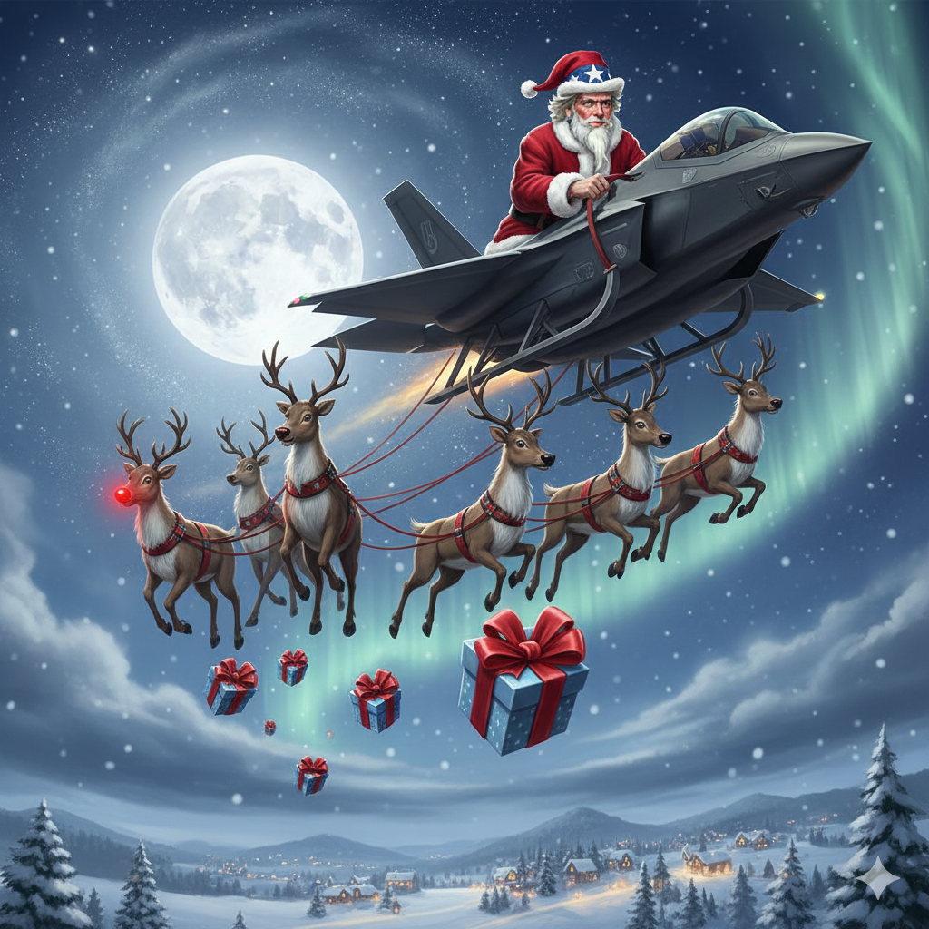 Uncle Sam dressed as Santa Claus piloting an F-35 fighter jet pulled by eight reindeer with Rudolph leading, dropping bow-wrapped bombs over snowy villages – satirical featured image for Glowie Rag article on NATO war games funded by American taxes during Christmas 2025.