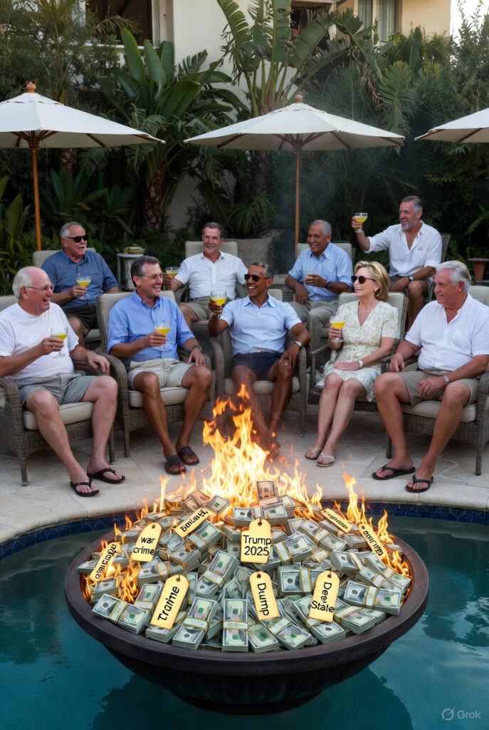 Dick Cheney, George W. Bush, Barack Obama, Hillary Clinton, Liz Cheney, Donald Rumsfeld, and Paul Wolfowitz laughing poolside at a luxury beach house while burning huge stacks of $100 bills in a fire pit – the uniparty elite celebrating decades of illegal wars, petrodollar defense, and trillions in war profits.