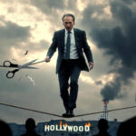 Bill Maher walking a dangerous tightrope while shadowy figures from the left cut the rope with giant scissors, burning Hollywood sign in the background – featured image for Glowie Rag article “Bill Maher’s Impending Cancellation: The Left’s Playbook for Devouring Their Own” – The Awakened series.