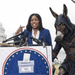 Jasmine Crockett speaking at podium with the U.S. Capitol in background while a hooded Democrat donkey assassin raises a dagger behind her – symbolic featured image for Glowie Rag exposé on Crockett’s doomed Texas Senate run and the DNC’s quiet exit strategy.