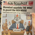 New York Post-style front page with wolf in suit labeled “Justice Adviser” surrounded by terrified chickens – viral satire of NYC Comptroller Mamdani appointing convicted armed robber Mysonne Linen as justice adviser – Glowie Rag exclusive.