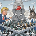 Donald Trump pointing across a chessboard at a stunned Democrat donkey with “Gotcha Bitch!” speech bubble, Capitol in background – iconic satirical image for Glowie Rag breaking coverage of Epstein-Maxwell files unsealing ordered by Trump and AG Pam Bondi.