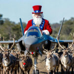 Uncle Sam as Santa Claus riding an F-35 fighter jet pulled by twelve reindeer with Rudolph leading, charging across the sky – satirical featured image for Glowie Rag’s Christmas exposé on NATO war games funded by American taxes.