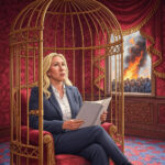 Marjorie Taylor Greene or Liz Cheney seated comfortably inside an ornate golden birdcage, reading a book while the world burns outside the window – symbolic featured image for Glowie Rag’s “The Velvet Cage” series on fighters who trade the battle for Deep State comfort.