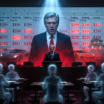 Senator John Kennedy delivering fiery Senate floor speech exposing Minnesota’s $1B+ Feeding Our Future fraud, ghostly fake children at empty tables, luxury cars and mansions paid with stolen taxpayer funds in background – dark cinematic illustration of Somali welfare fraud empire